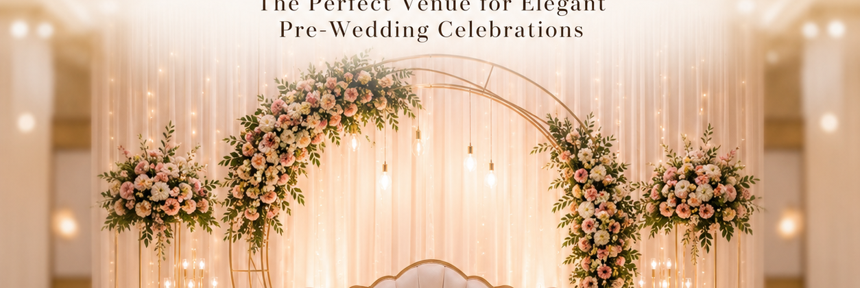 Elegant engagement stage setup at Periyar Pavilion featuring floral decorations, warm lighting, and luxurious seating for pre-wedding celebrations.