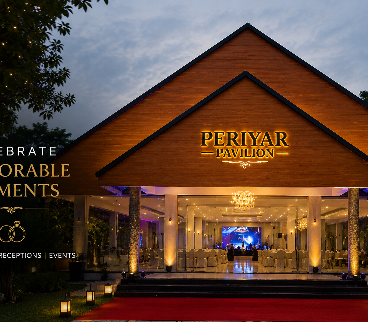 Premium auditorium in Aluva at Periyar Pavilion with elegant entrance lighting, AC event hall ambience, and modern venue setup for weddings and receptions.