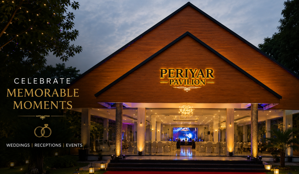 Premium auditorium in Aluva at Periyar Pavilion with elegant entrance lighting, AC event hall ambience, and modern venue setup for weddings and receptions.