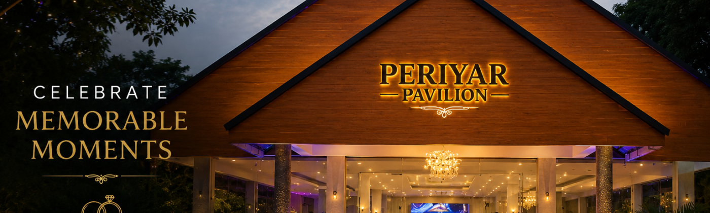 Premium auditorium in Aluva at Periyar Pavilion with elegant entrance lighting, AC event hall ambience, and modern venue setup for weddings and receptions.