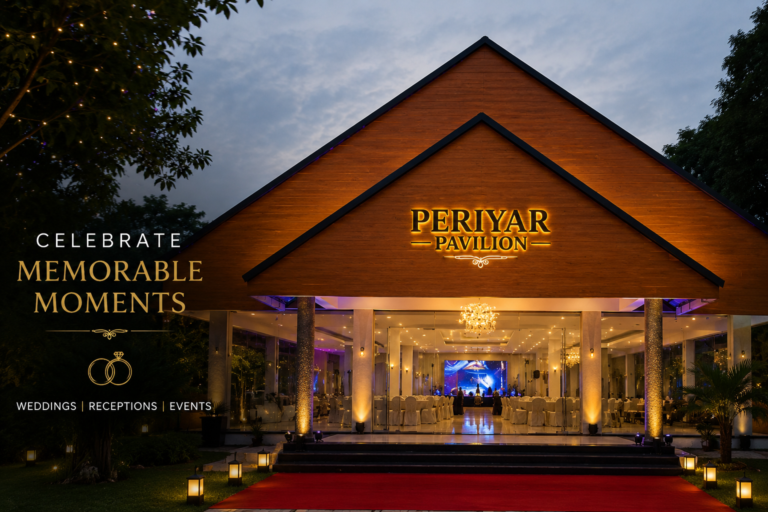 Premium auditorium in Aluva at Periyar Pavilion with elegant entrance lighting, AC event hall ambience, and modern venue setup for weddings and receptions.